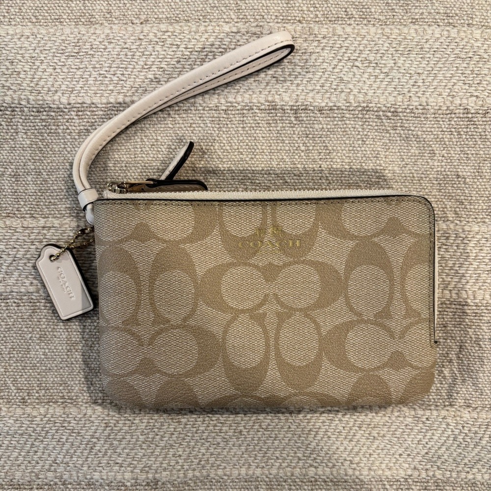Coach Signature Canvas Double Corner Zip Wristlet Khaki / Chalk White